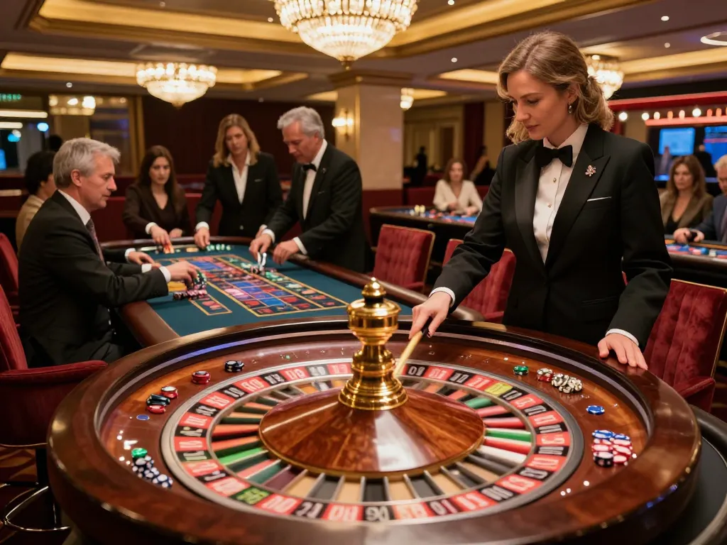 Aksi roulette yang mengasyikkan di kasino Paris888, croupier memutar roda sementara pemain memasang taruhan.