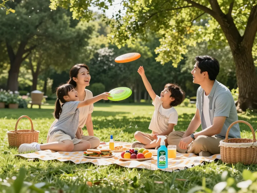 Family picnic scene with mosquito repellent on blanket for outdoor protection.