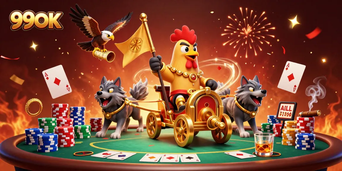 Engage with 99OK as a rooster warlord leads a vibrant poker battle in a captivating 3D illustration.