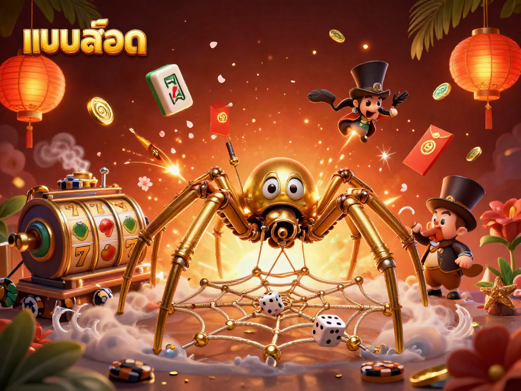 Engage with แบบสล็อต through a vibrant 3D animated scene featuring a steampunk spider and Victorian fly in a dynamic casino atmosphere.