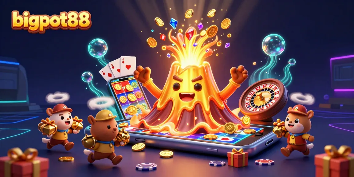 Experience the excitement of bigpot88 with golden treasures erupting from a digital volcano in this colorful 3D scene.