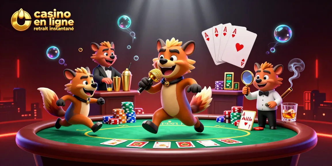 Casino en ligne retrait instantané avec des hyènes cartoon animées dans un club de casino comique.