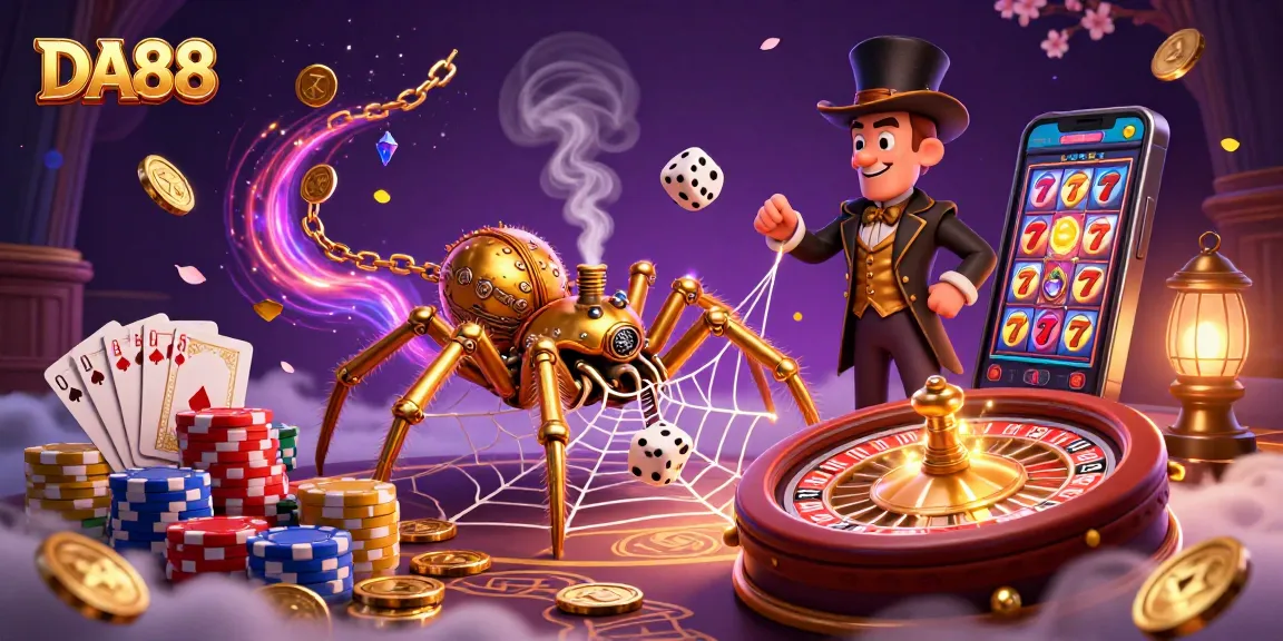 Win big while spinning the reels with DA88 in this vibrant casino scene filled with gold and excitement.