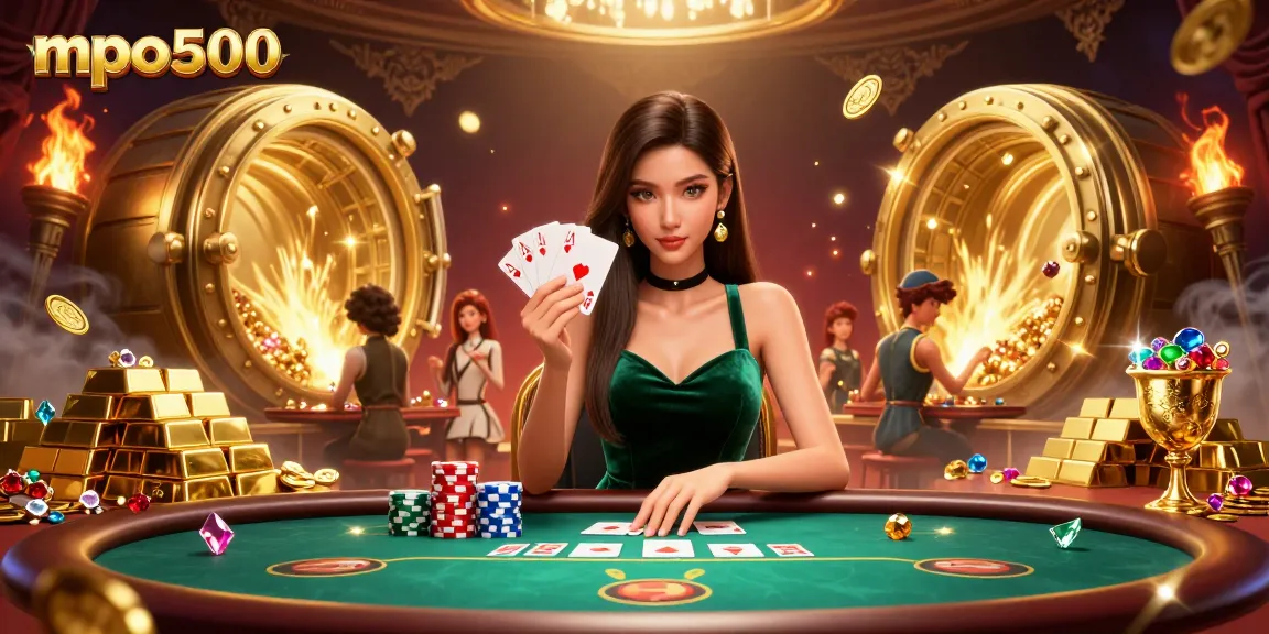 Play poker with mpo500 at an elegant casino setting featuring a beautiful Asian dealer.