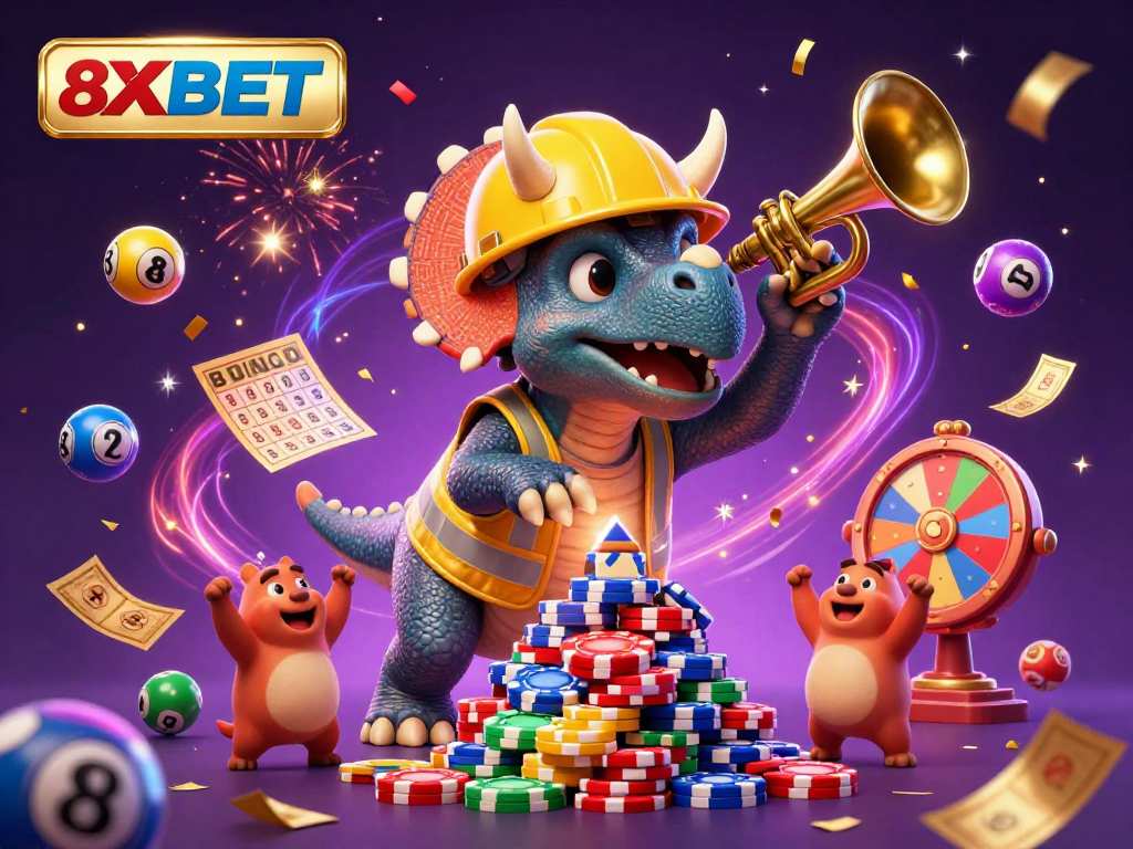 Engage in thrilling casino excitement with 8XBET as triceratops builds poker chip pyramid amidst vibrant celebration.