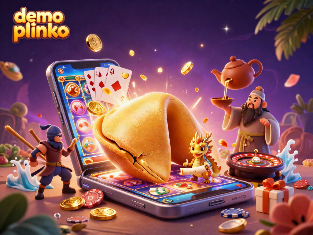 Play demo plinko and win with golden fortune cookie characters and vibrant casino elements.