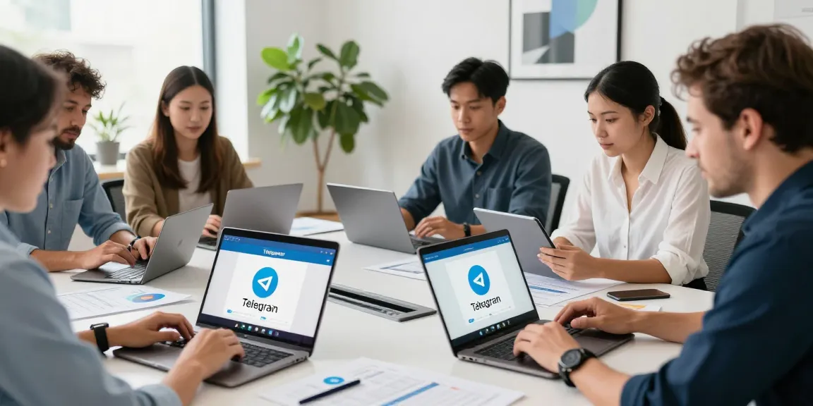 Professionals collaborating on Telegram中文 in a vibrant office setting, showcasing dynamic digital communication.
