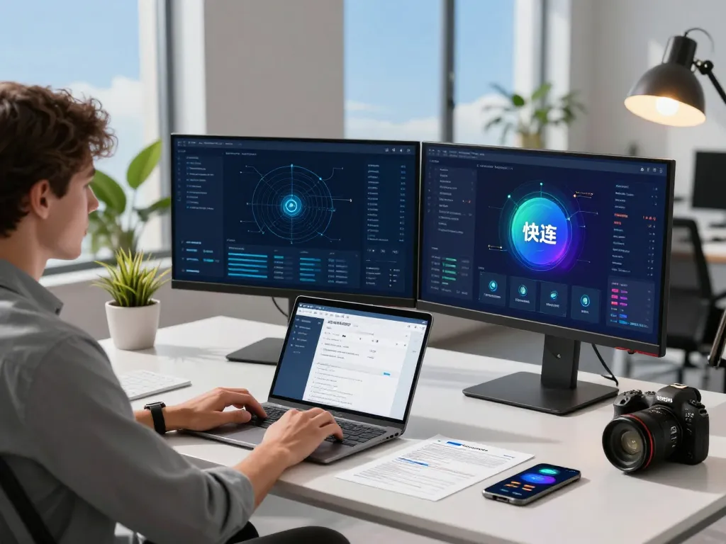 快连 network acceleration application displayed on dual monitors in a modern digital workspace.
