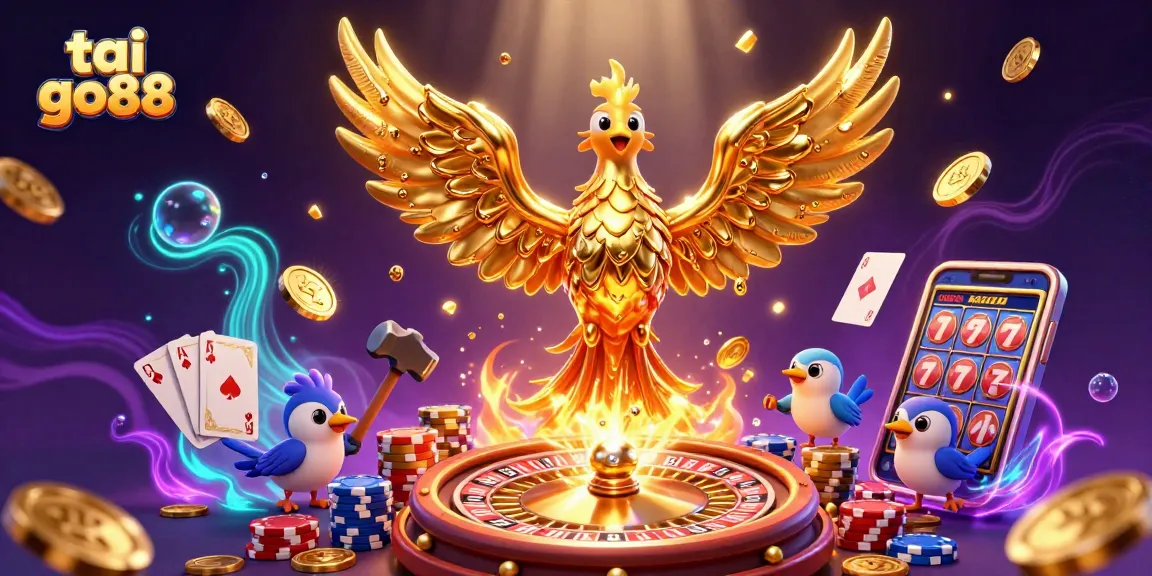 Win with tai go88 in a vibrant casino scene showcasing cascading gold coins and thrilling game elements.