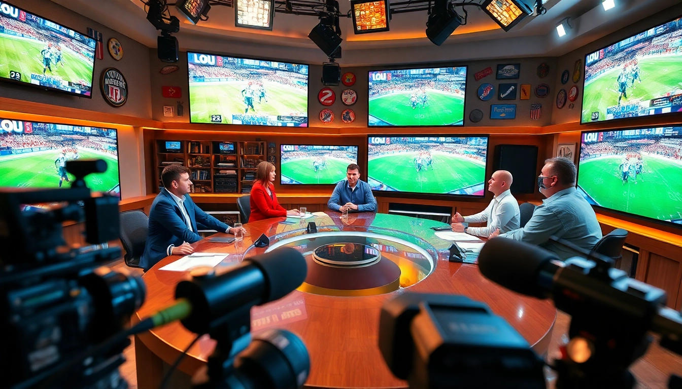 Engaging scene of Sports Broadcasting with hosts discussing live events in a vibrant studio.