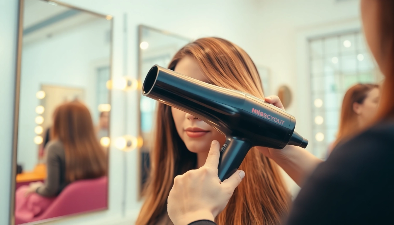 Stylist using a hair dryer for frizzy hair in a bright salon setting.