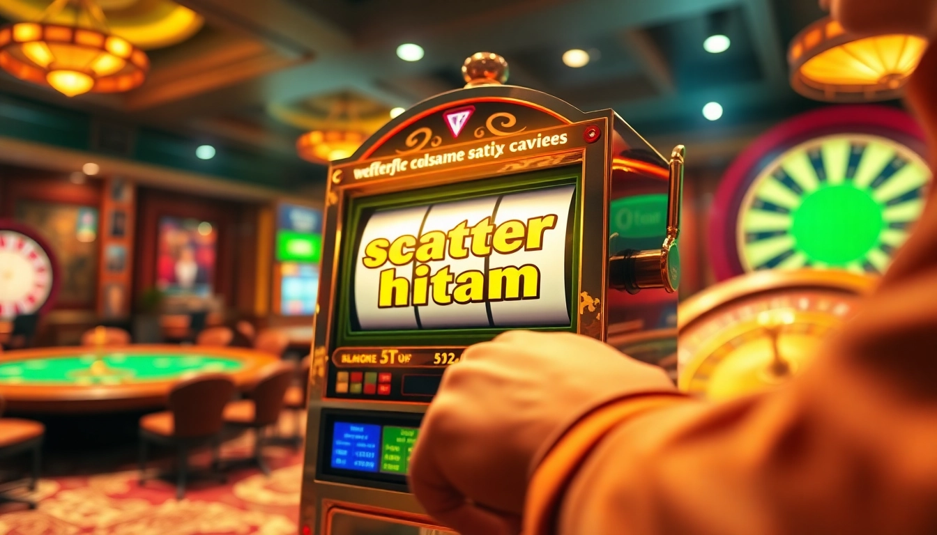 Engage with slot demo scatter hitam as a player pulls the lever on a vibrant slot machine.