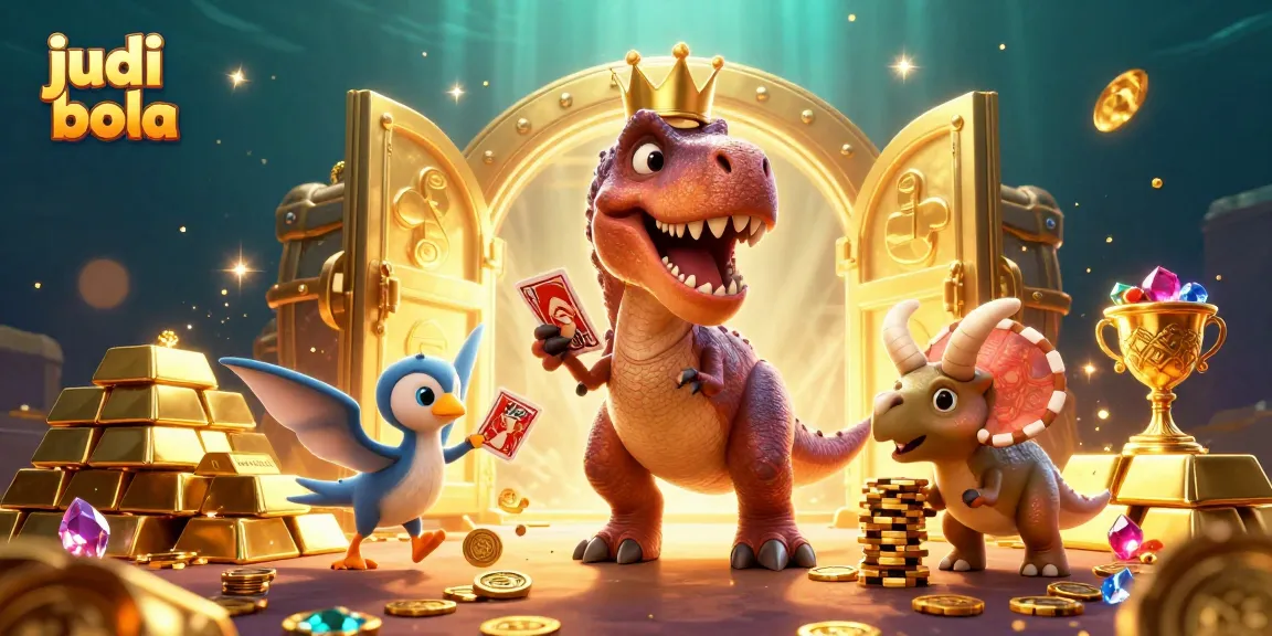 Play judi bola with a fun scene featuring a T-Rex, pterodactyl, and triceratops in a dynamic casino setting.