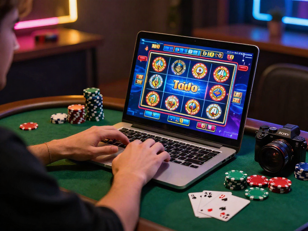 LUXURY111 Link Alternatif: Pemain judi online menikmati permainan slot di laptop dengan suasana yang nyaman dan cahaya neon.