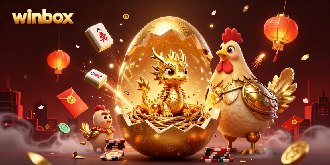 Winbox showcases an exciting casino scene with a golden dragon and poker chips amidst festive decorations.
