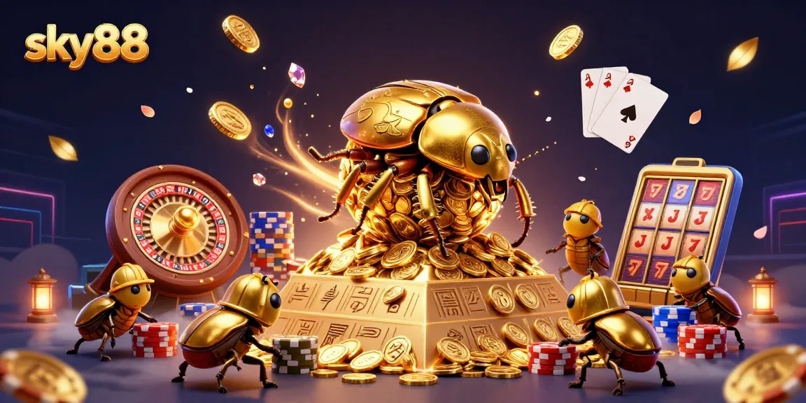 Experience the thrill of sky88 with a golden beetle team rolling coins in a vibrant casino scene.