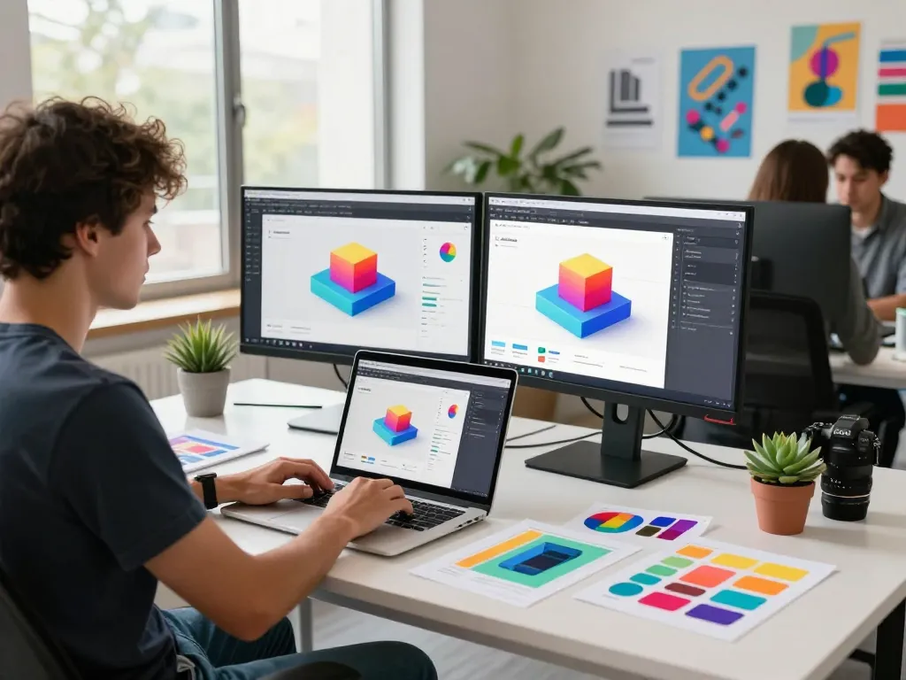 Developers using 3D product configurator software in a vibrant eCommerce workspace.