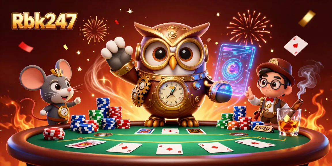 Engage with Rbk247's thrilling casino experience featuring a steampunk owl and poker elements.