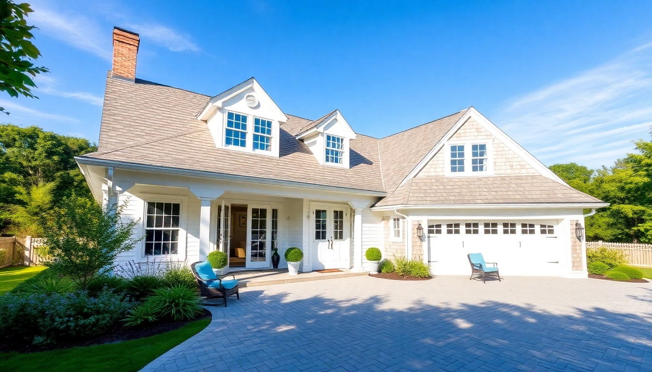 View of a stunning cape cod home with attached garage and elegant expansion.