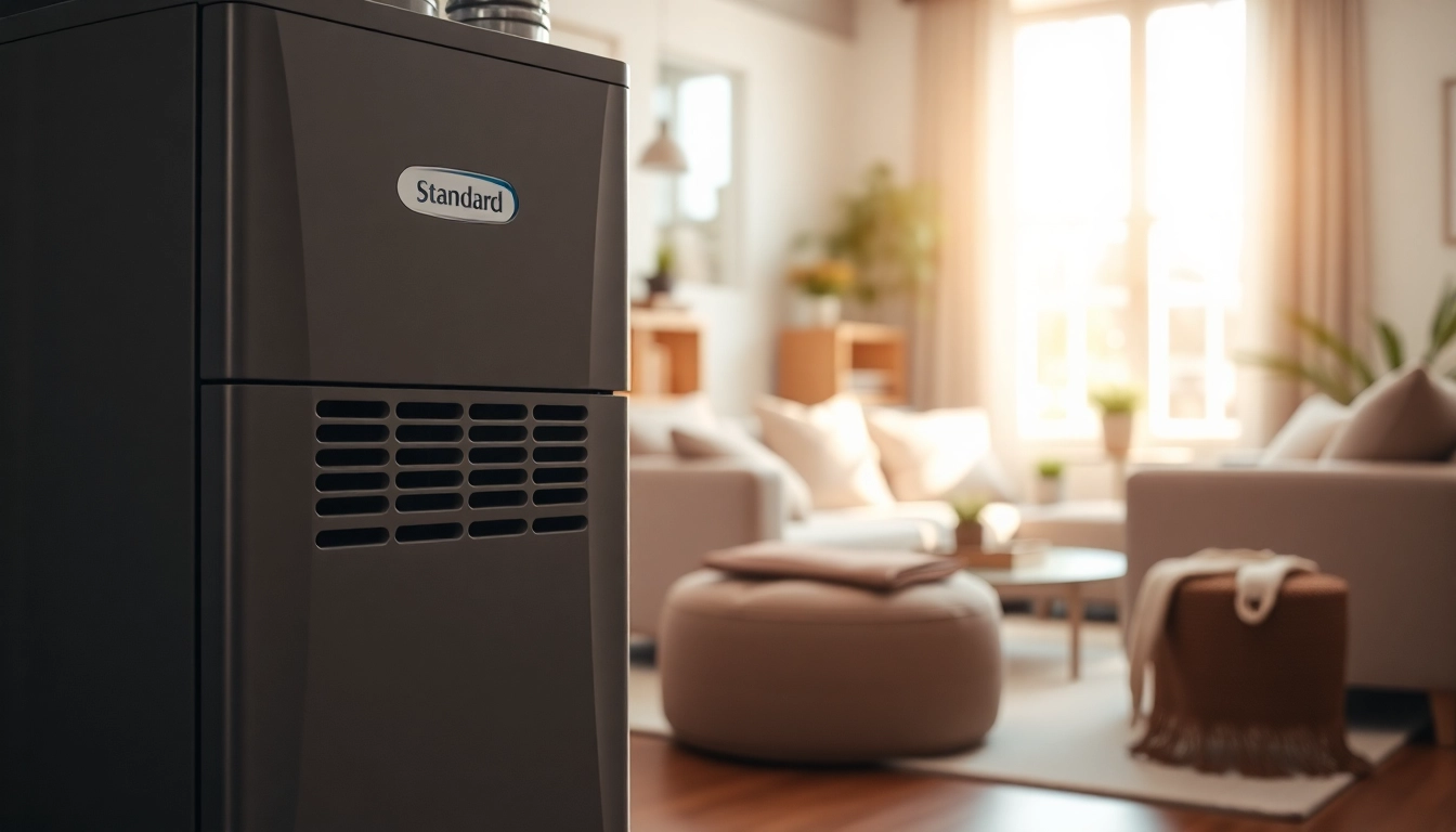 Installing an american standard furnace in a cozy home environment with natural lighting.