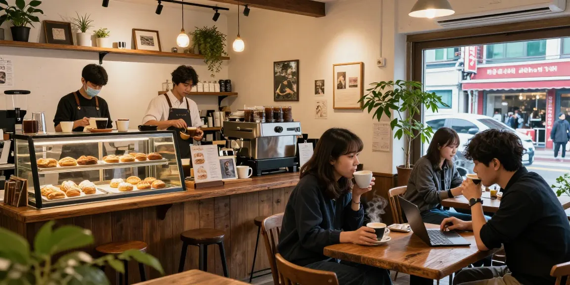 Cozy interior of 상봉동 한국관나이트 café with barista and customers enjoying coffee.