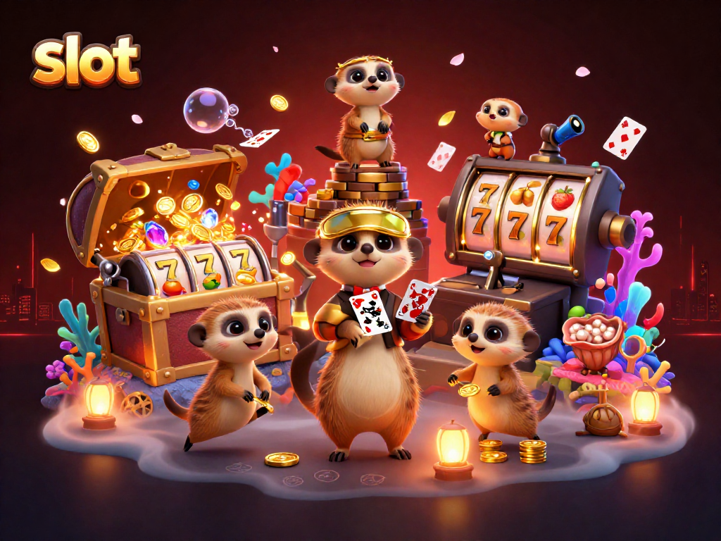 Experience thrilling slot action with lively meerkats in a vibrant casino setting.