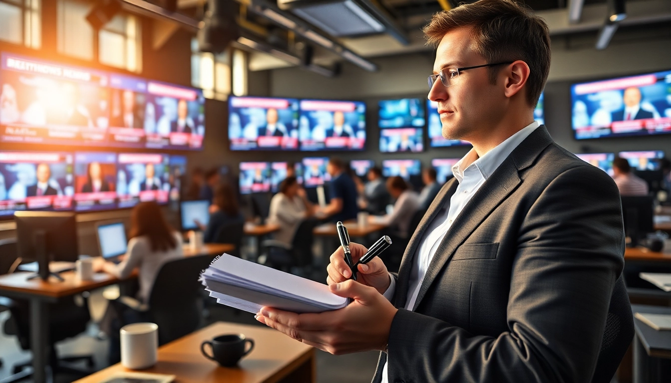Reporters in a lively newsroom creating news updates with screens and notes.