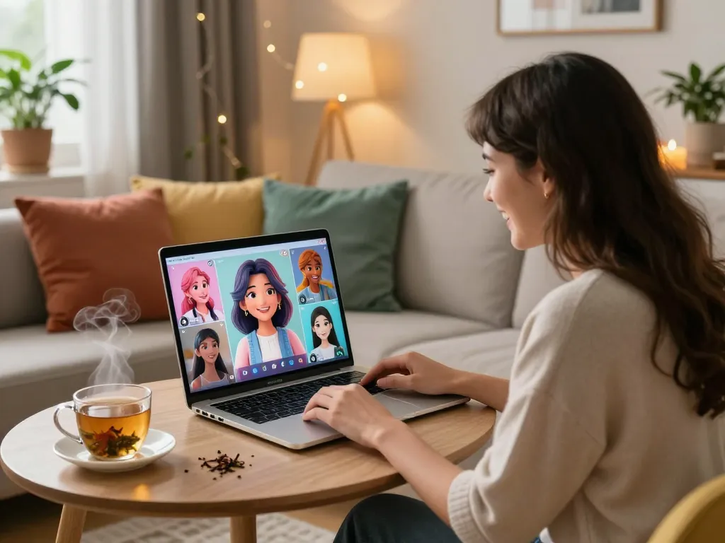 A joyful young woman interacts with her AI girlfriend on a laptop, showcasing the warmth of digital companionship.
