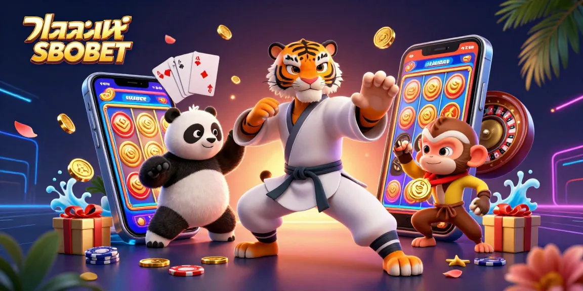 Place bets and win big with แทงบอล SBOBET in this vibrant 3D illustration showcasing thrilling casino elements.