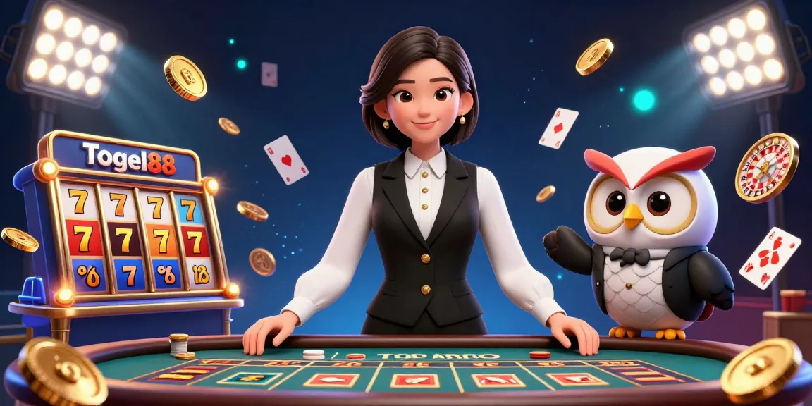Togel88 Pasaran Toto Togel Terlengkap showcases an energetic casino scene with a dealer and owl assistant among gambling elements.
