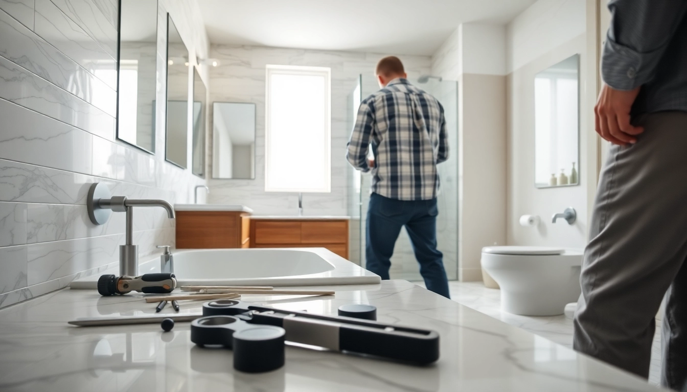 Skilled bathroom installers showcasing their craftsmanship in a modern bathroom setting.