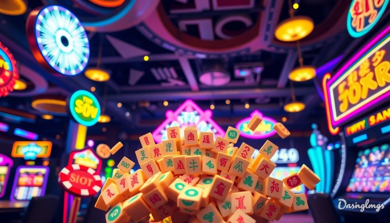 Experience the thrill of link mahjong in a lively casino setting full of colorful gaming elements.