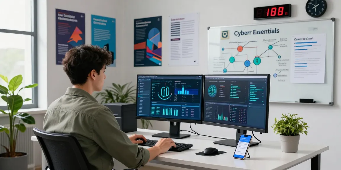 Cyber essentials certification workspace with analyst monitoring security metrics and compliance tasks in a vibrant office.