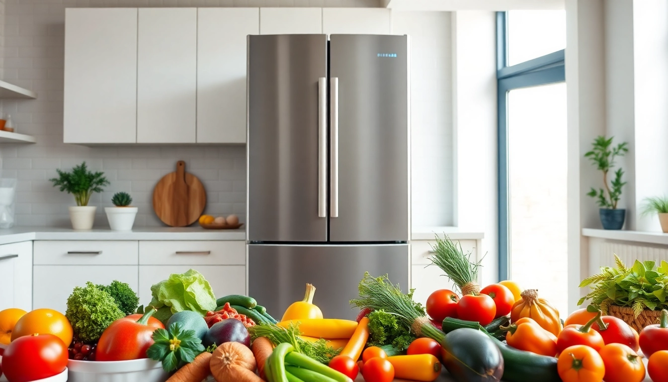 Showcasing refrigerator sales with a modern kitchen featuring a stylish refrigerator and fresh food items.