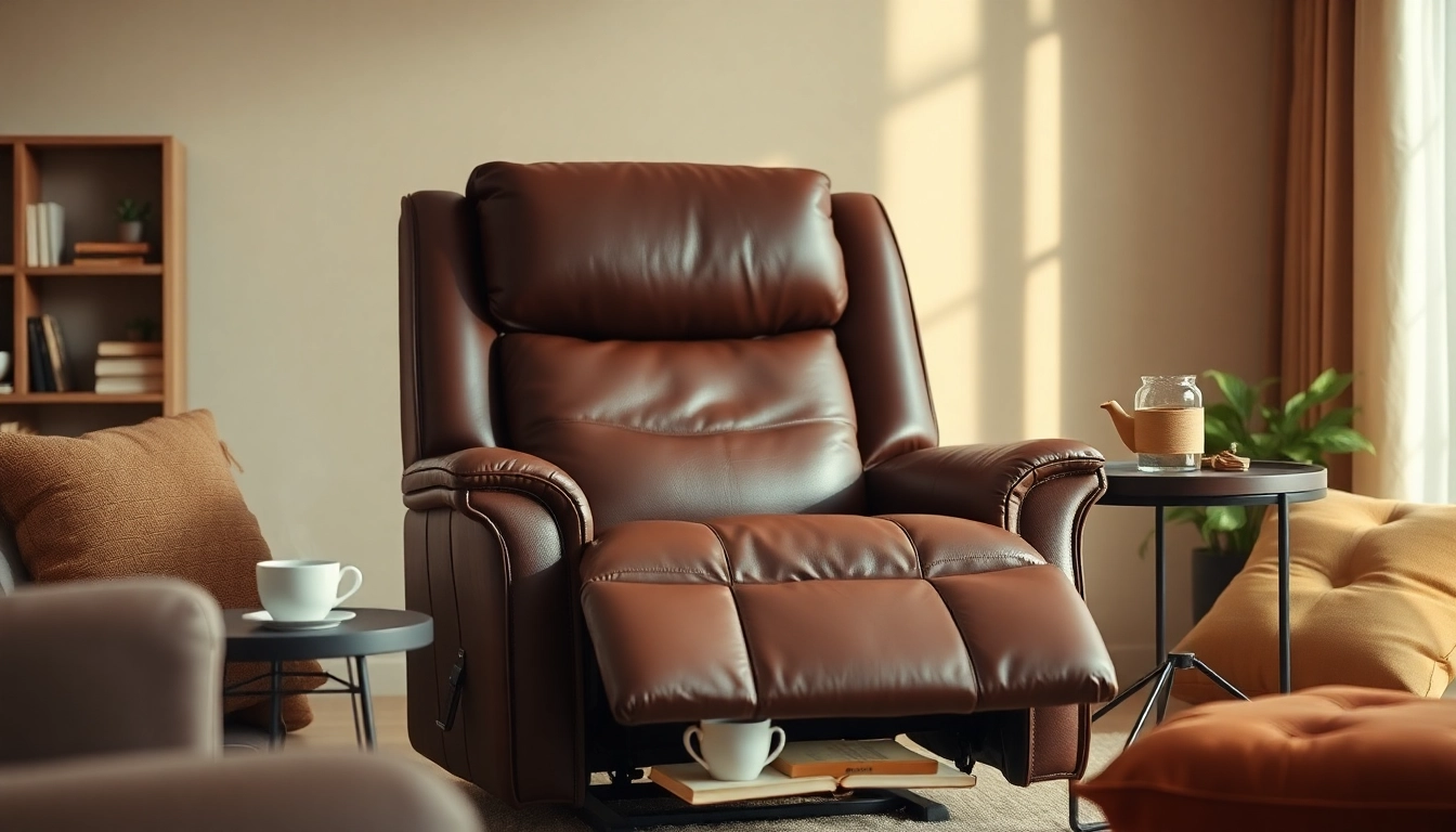 Experience ultimate relaxation in a leather lift recliner with heat and massage, set in a cozy living room.