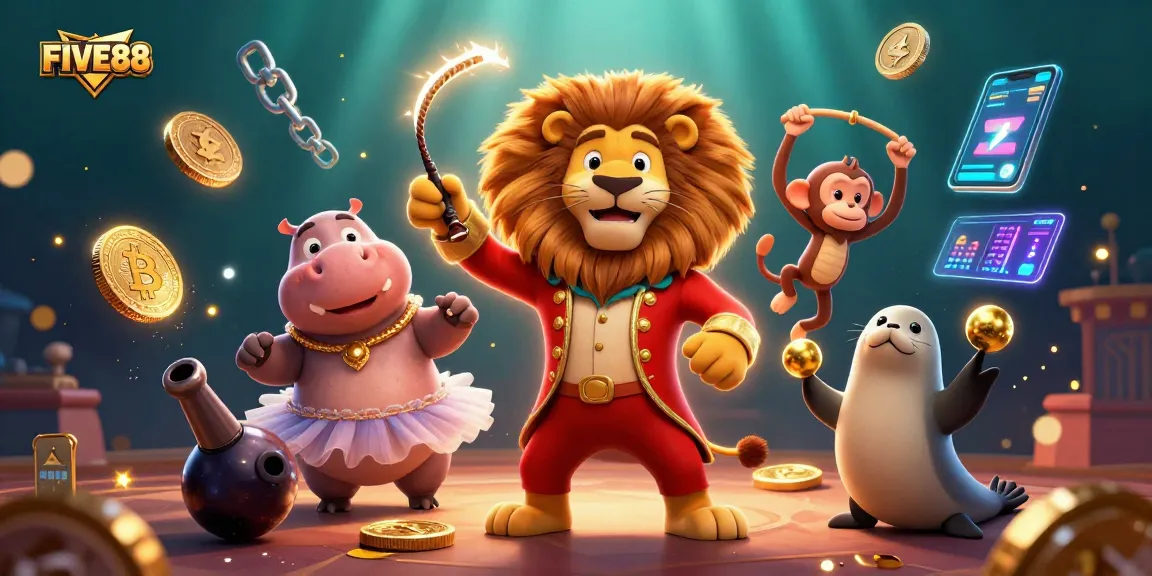 Engage in thrilling gameplay at FIVE88 Casino with a vibrant 3D illustration of characters and casino elements.