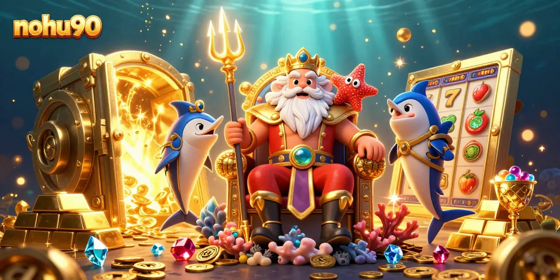 Nohu90 captivates players with vibrant slot and treasure elements in a rich, dynamic casino scene.