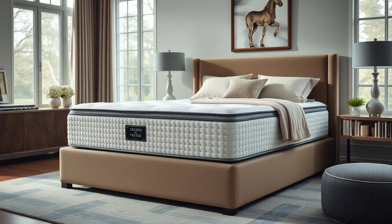 Showcase a Stearns and Foster queen mattress and box spring nestled in an elegantly designed room, exuding comfort.