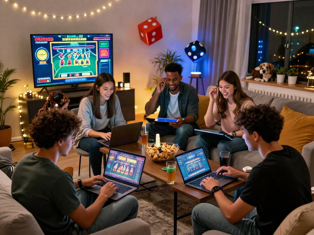 Diverse friends enjoying casino online games in a cozy living room.