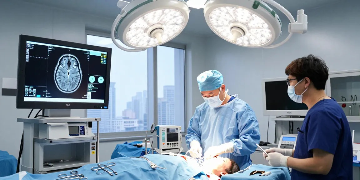 Beyin tümörü ameliyatı in progress, showcasing skilled surgeons and advanced surgical tools in a modern operating room.