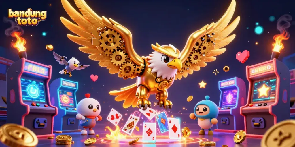 Experience the thrill of bandung toto with vibrant 3D gaming elements and a cybernetic eagle.