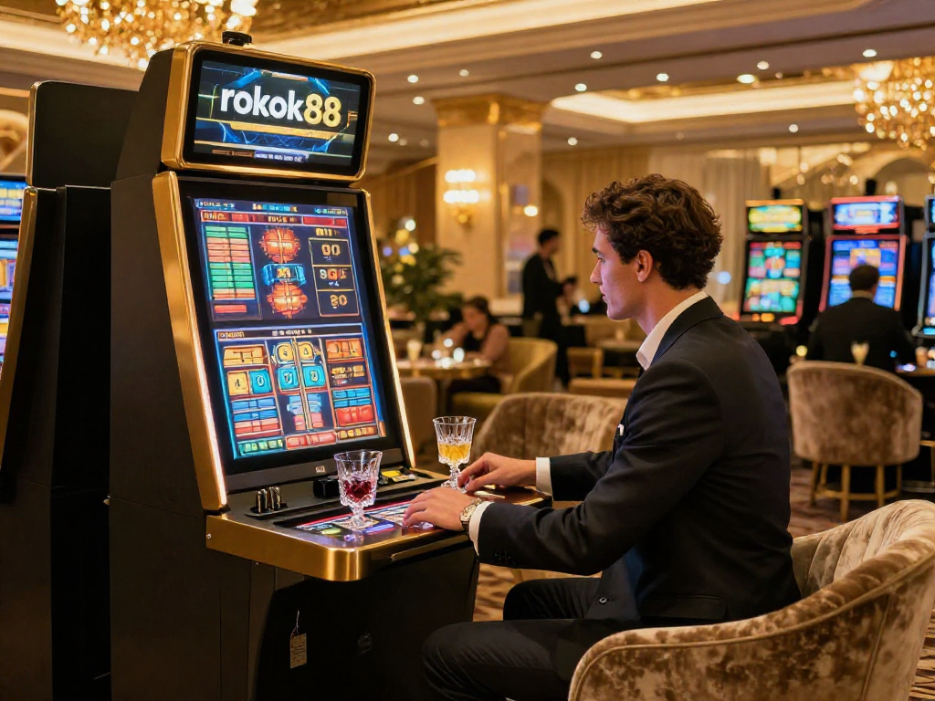 Engaging with rokok88 slot machine in a luxurious casino setting