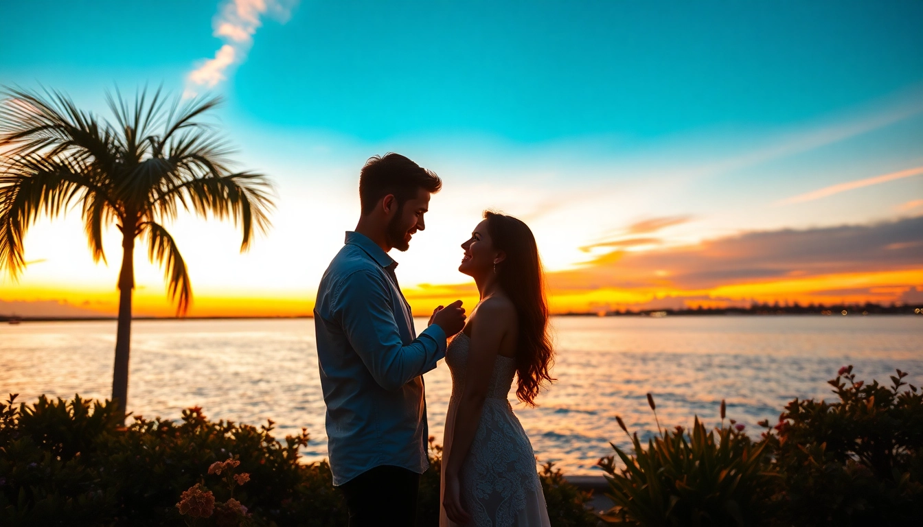 Enchanting places to propose in Tampa, showcasing a romantic sunset scene with a couple engaged in an intimate moment.
