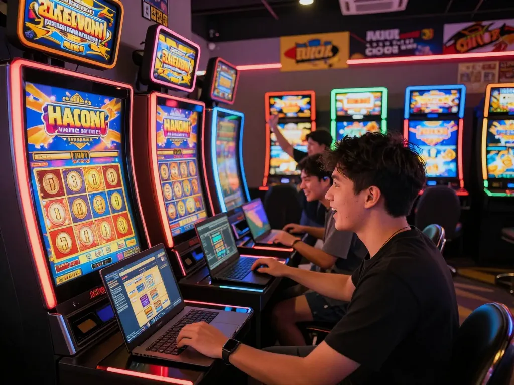 Player celebrating a win on situs gacor slot machine amid vibrant gaming environment.