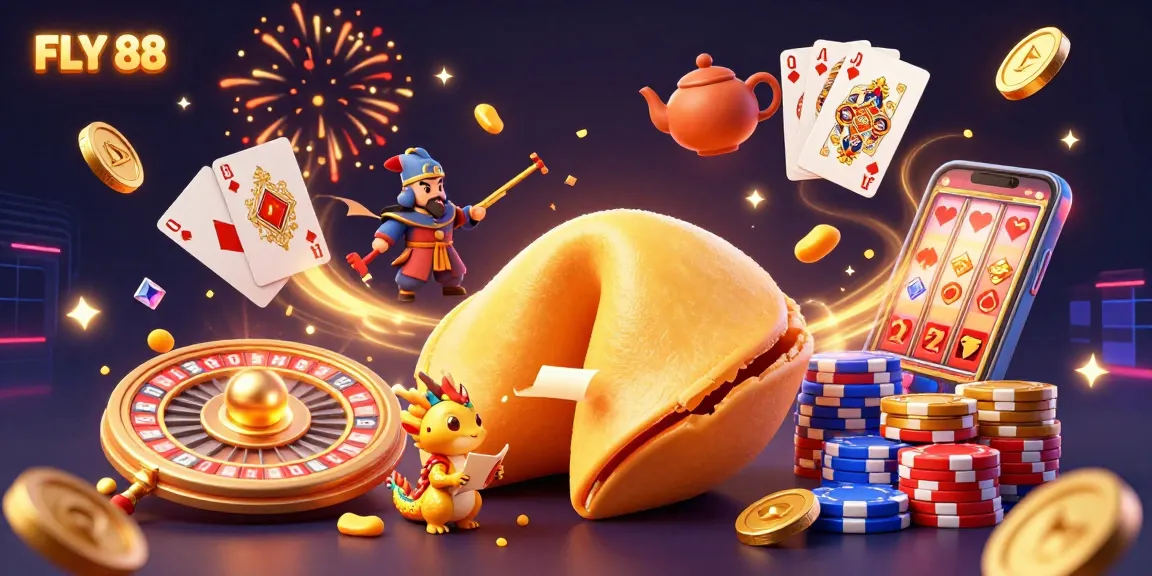 Engage with FLY 88's captivating 3D illustration featuring golden rewards swirling among vibrant casino elements.