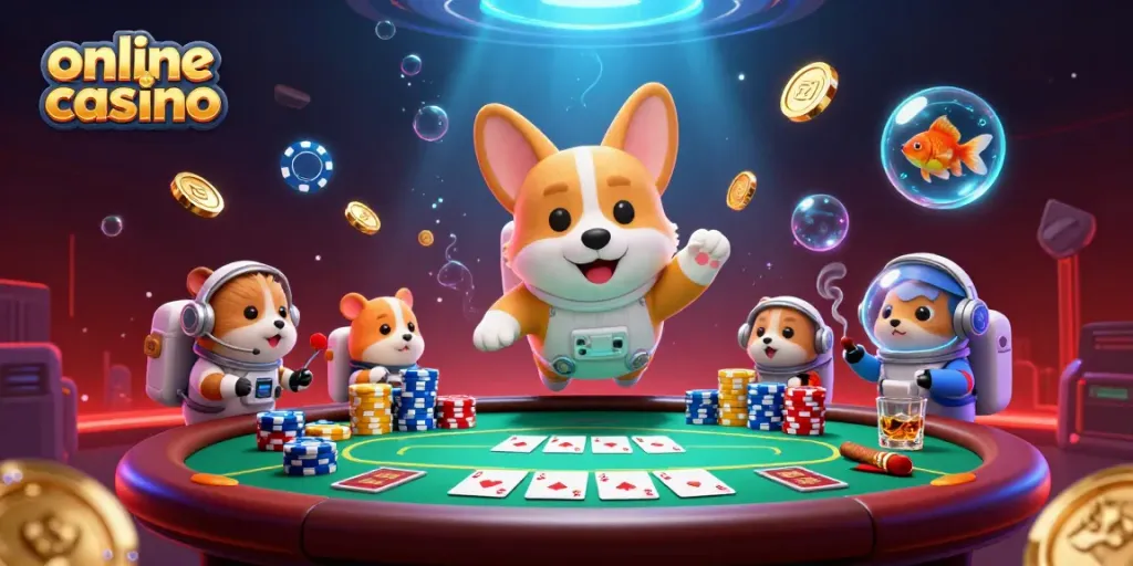 Experience the fun of an online casino with a floating corgi and vibrant gaming elements.