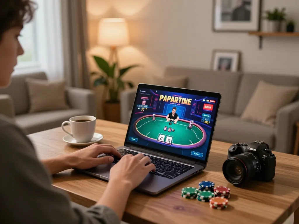 Playing top quality widgets online in a cozy home gaming setup with a laptop and poker chips.