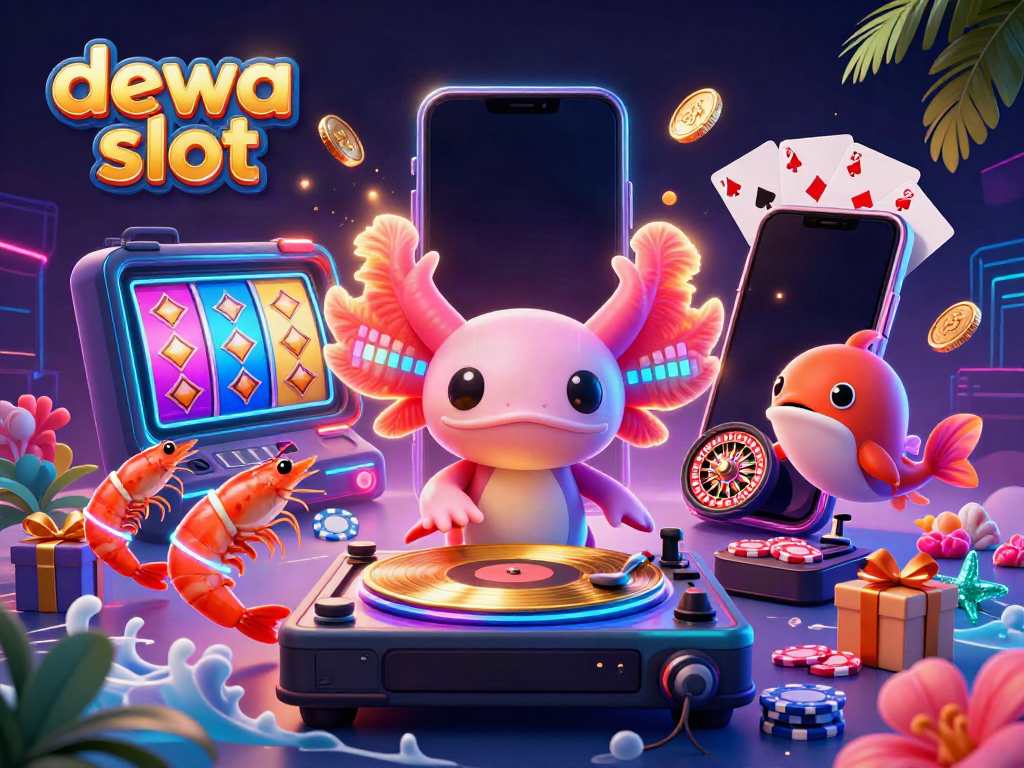 Gambarkan suasana "dewa slot" dengan DJ axolotl neon 3D dan permainan slot menarik.