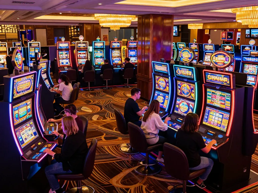 Slots players enjoying slot88 machines in a vibrant casino area with colorful lights.