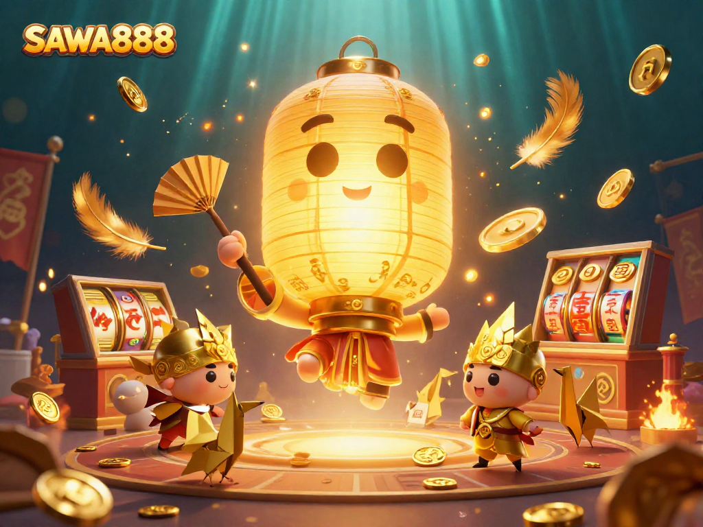 Engage with SAWA888’s vibrant casino scene featuring a glowing lantern spirit amidst dynamic gaming elements.